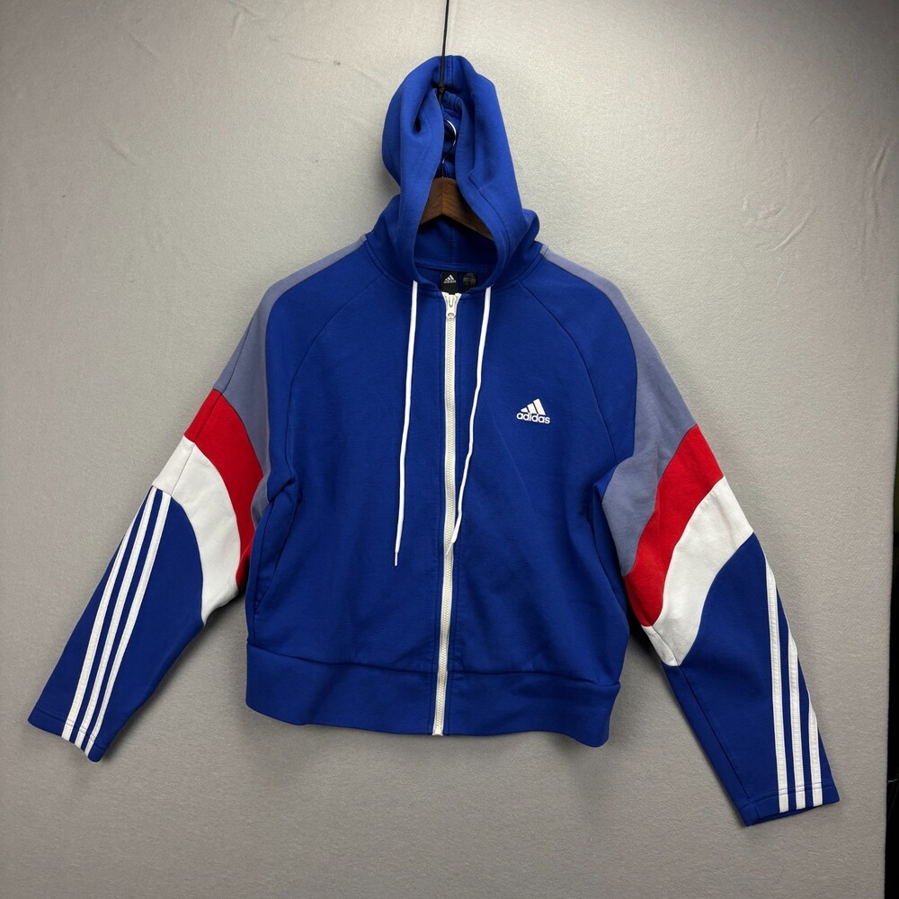 Adidas Women's Hoodie Large Blue Red White Colorblock Full Zip 3 Stripe